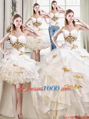 Sweet Four Piece Floor Length Lace Up Sweet 16 Quinceanera Dress White and In for Military Ball and Sweet 16 and Quinceanera with Beading and Ruffles
