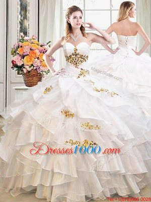 Sweet Four Piece Floor Length Lace Up Sweet 16 Quinceanera Dress White and In for Military Ball and Sweet 16 and Quinceanera with Beading and Ruffles