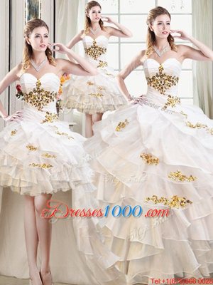 Sweet Four Piece Floor Length Lace Up Sweet 16 Quinceanera Dress White and In for Military Ball and Sweet 16 and Quinceanera with Beading and Ruffles