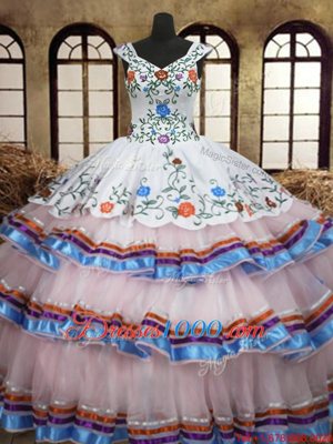 Admirable Organza and Taffeta Straps Sleeveless Lace Up Embroidery and Ruffled Layers 15th Birthday Dress in White