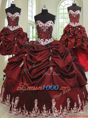 New Arrival Four Piece Wine Red Taffeta Lace Up Sweetheart Sleeveless Floor Length Sweet 16 Quinceanera Dress Beading and Appliques and Pick Ups