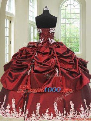 New Arrival Four Piece Wine Red Taffeta Lace Up Sweetheart Sleeveless Floor Length Sweet 16 Quinceanera Dress Beading and Appliques and Pick Ups