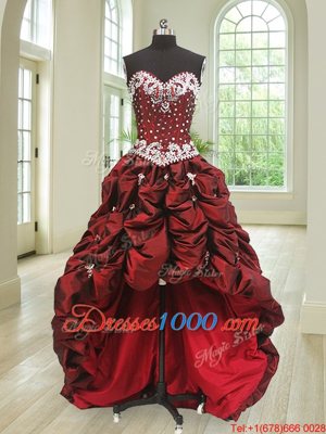 New Arrival Four Piece Wine Red Taffeta Lace Up Sweetheart Sleeveless Floor Length Sweet 16 Quinceanera Dress Beading and Appliques and Pick Ups
