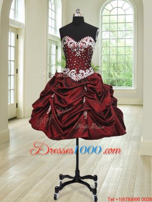 New Arrival Four Piece Wine Red Taffeta Lace Up Sweetheart Sleeveless Floor Length Sweet 16 Quinceanera Dress Beading and Appliques and Pick Ups