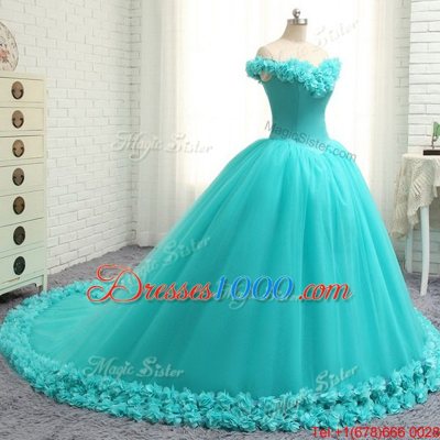 Off the Shoulder Cap Sleeves With Train Hand Made Flower Lace Up Quinceanera Dresses with Aqua Blue Court Train