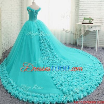 Off the Shoulder Cap Sleeves With Train Hand Made Flower Lace Up Quinceanera Dresses with Aqua Blue Court Train