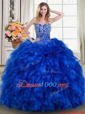 Royal Blue 15 Quinceanera Dress Military Ball and Sweet 16 and Quinceanera and For with Beading and Ruffles Sweetheart Sleeveless Brush Train Lace Up