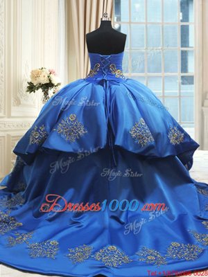 High Quality Royal Blue Sleeveless Court Train Beading and Embroidery With Train Quinceanera Dress