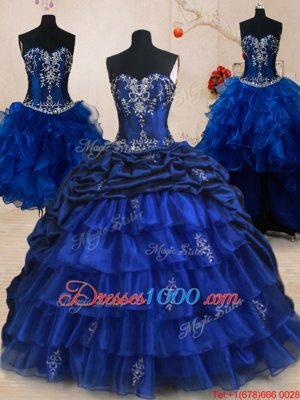 Four Piece Sweetheart Sleeveless Organza and Taffeta Sweet 16 Dresses Beading and Ruffled Layers and Pick Ups Brush Train Lace Up