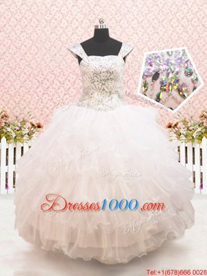 Straps Straps Floor Length White Flower Girl Dresses Organza Cap Sleeves Beading and Ruffled Layers