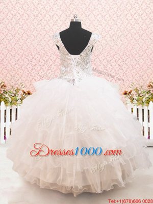 Straps Straps Floor Length White Flower Girl Dresses Organza Cap Sleeves Beading and Ruffled Layers