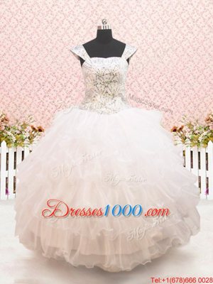 Straps Straps Floor Length White Flower Girl Dresses Organza Cap Sleeves Beading and Ruffled Layers