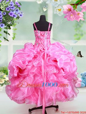 Straps Straps Sleeveless Floor Length Beading and Ruffles and Pick Ups Lace Up Girls Pageant Dresses with Rose Pink