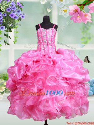 Straps Straps Sleeveless Floor Length Beading and Ruffles and Pick Ups Lace Up Girls Pageant Dresses with Rose Pink