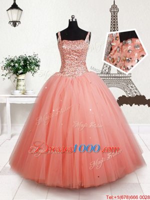 High Quality Tulle Straps Sleeveless Lace Up Beading Little Girl Pageant Gowns in Peach