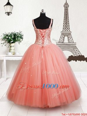 High Quality Tulle Straps Sleeveless Lace Up Beading Little Girl Pageant Gowns in Peach