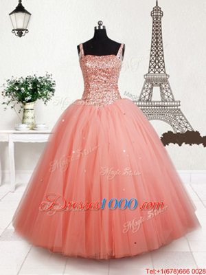 High Quality Tulle Straps Sleeveless Lace Up Beading Little Girl Pageant Gowns in Peach