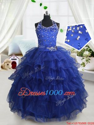 Nice Royal Blue Ball Gowns Organza Halter Top Sleeveless Beading and Ruffled Layers Floor Length Lace Up Kids Pageant Dress