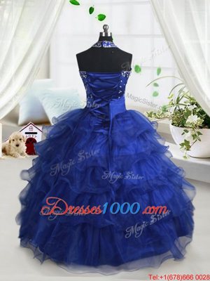 Nice Royal Blue Ball Gowns Organza Halter Top Sleeveless Beading and Ruffled Layers Floor Length Lace Up Kids Pageant Dress