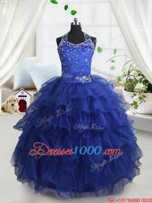 Nice Royal Blue Ball Gowns Organza Halter Top Sleeveless Beading and Ruffled Layers Floor Length Lace Up Kids Pageant Dress