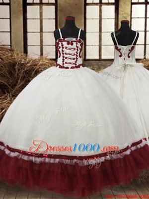 Straps Sleeveless Flower Girl Dress Floor Length Beading White and Wine Red Satin and Organza