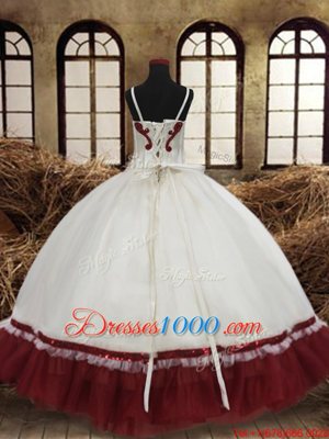 Straps Sleeveless Flower Girl Dress Floor Length Beading White and Wine Red Satin and Organza