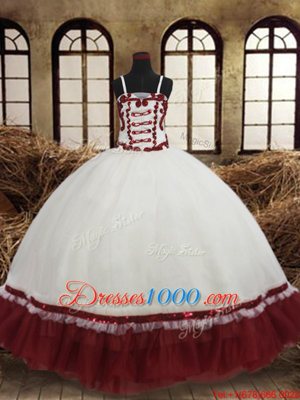 Straps Sleeveless Flower Girl Dress Floor Length Beading White and Wine Red Satin and Organza