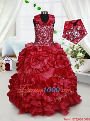 Halter Top Wine Red Sleeveless Beading and Ruffles and Sequins Floor Length Little Girl Pageant Dress
