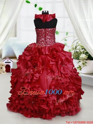 Halter Top Wine Red Sleeveless Beading and Ruffles and Sequins Floor Length Little Girl Pageant Dress