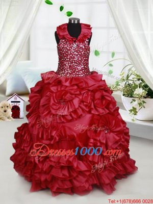 Halter Top Wine Red Sleeveless Beading and Ruffles and Sequins Floor Length Little Girl Pageant Dress