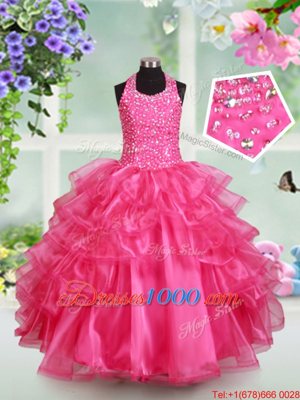 Halter Top Floor Length Lace Up Kids Formal Wear Hot Pink and In for Quinceanera and Wedding Party with Beading and Ruffled Layers