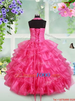 Halter Top Floor Length Lace Up Kids Formal Wear Hot Pink and In for Quinceanera and Wedding Party with Beading and Ruffled Layers