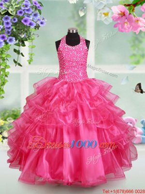 Halter Top Floor Length Lace Up Kids Formal Wear Hot Pink and In for Quinceanera and Wedding Party with Beading and Ruffled Layers