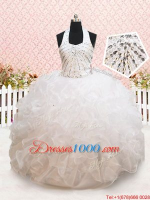 Ball Gowns Toddler Flower Girl Dress White Halter Top Organza Sleeveless Floor Length Lace Up