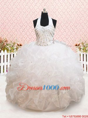 Ball Gowns Toddler Flower Girl Dress White Halter Top Organza Sleeveless Floor Length Lace Up