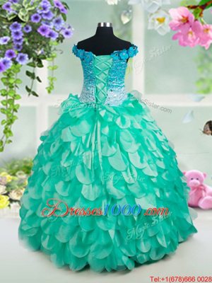 Off The Shoulder Sleeveless Lace Up Little Girl Pageant Gowns Turquoise Organza