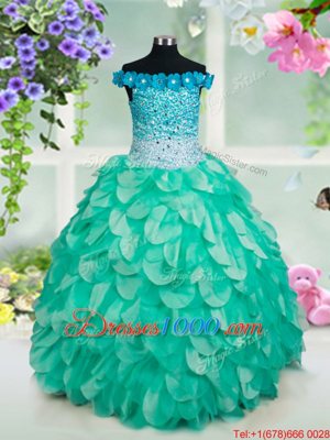 Off The Shoulder Sleeveless Lace Up Little Girl Pageant Gowns Turquoise Organza