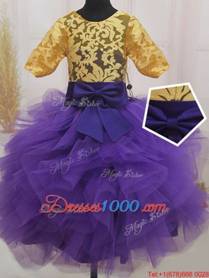 Super Scoop Short Sleeves Mini Length Zipper Girls Pageant Dresses Eggplant Purple and Gold and In for Quinceanera and Wedding Party with Lace and Ruffles and Bowknot