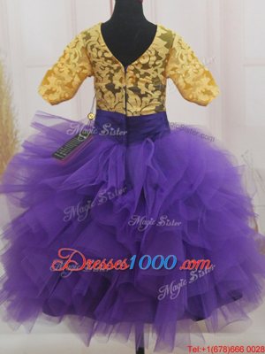 Super Scoop Short Sleeves Mini Length Zipper Girls Pageant Dresses Eggplant Purple and Gold and In for Quinceanera and Wedding Party with Lace and Ruffles and Bowknot