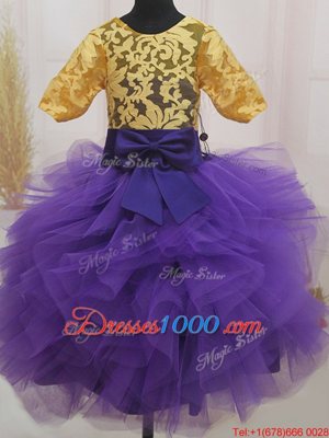 Super Scoop Short Sleeves Mini Length Zipper Girls Pageant Dresses Eggplant Purple and Gold and In for Quinceanera and Wedding Party with Lace and Ruffles and Bowknot