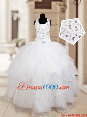 Exceptional Halter Top Sleeveless Flower Girl Dress Floor Length Beading and Ruffled Layers White Organza
