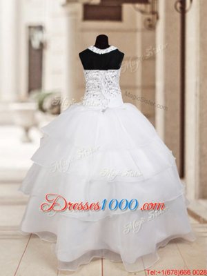 Exceptional Halter Top Sleeveless Flower Girl Dress Floor Length Beading and Ruffled Layers White Organza