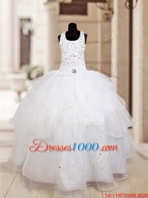 Exceptional Halter Top Sleeveless Flower Girl Dress Floor Length Beading and Ruffled Layers White Organza