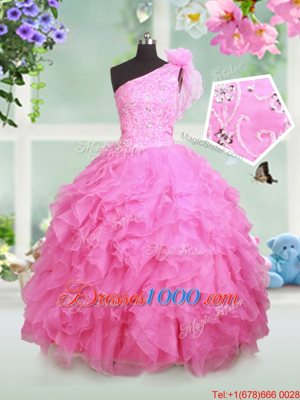 One Shoulder Floor Length Rose Pink Pageant Gowns For Girls Organza Sleeveless Beading and Ruffles and Hand Made Flower