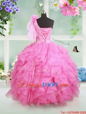 One Shoulder Floor Length Rose Pink Pageant Gowns For Girls Organza Sleeveless Beading and Ruffles and Hand Made Flower