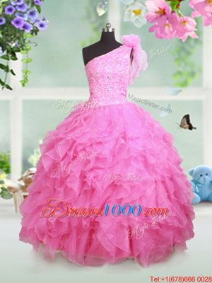 One Shoulder Floor Length Rose Pink Pageant Gowns For Girls Organza Sleeveless Beading and Ruffles and Hand Made Flower