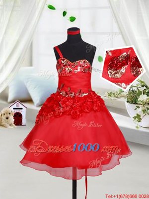 Sweet Red A-line Organza One Shoulder Sleeveless Sequins and Hand Made Flower Mini Length Lace Up Little Girls Pageant Dress Wholesale