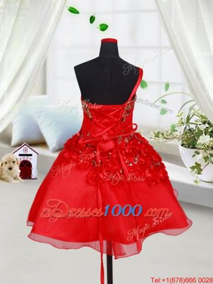 Sweet Red A-line Organza One Shoulder Sleeveless Sequins and Hand Made Flower Mini Length Lace Up Little Girls Pageant Dress Wholesale