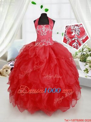 Fashionable Halter Top Sleeveless Organza Little Girl Pageant Dress Beading and Ruffles Lace Up
