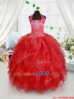 Fashionable Halter Top Sleeveless Organza Little Girl Pageant Dress Beading and Ruffles Lace Up